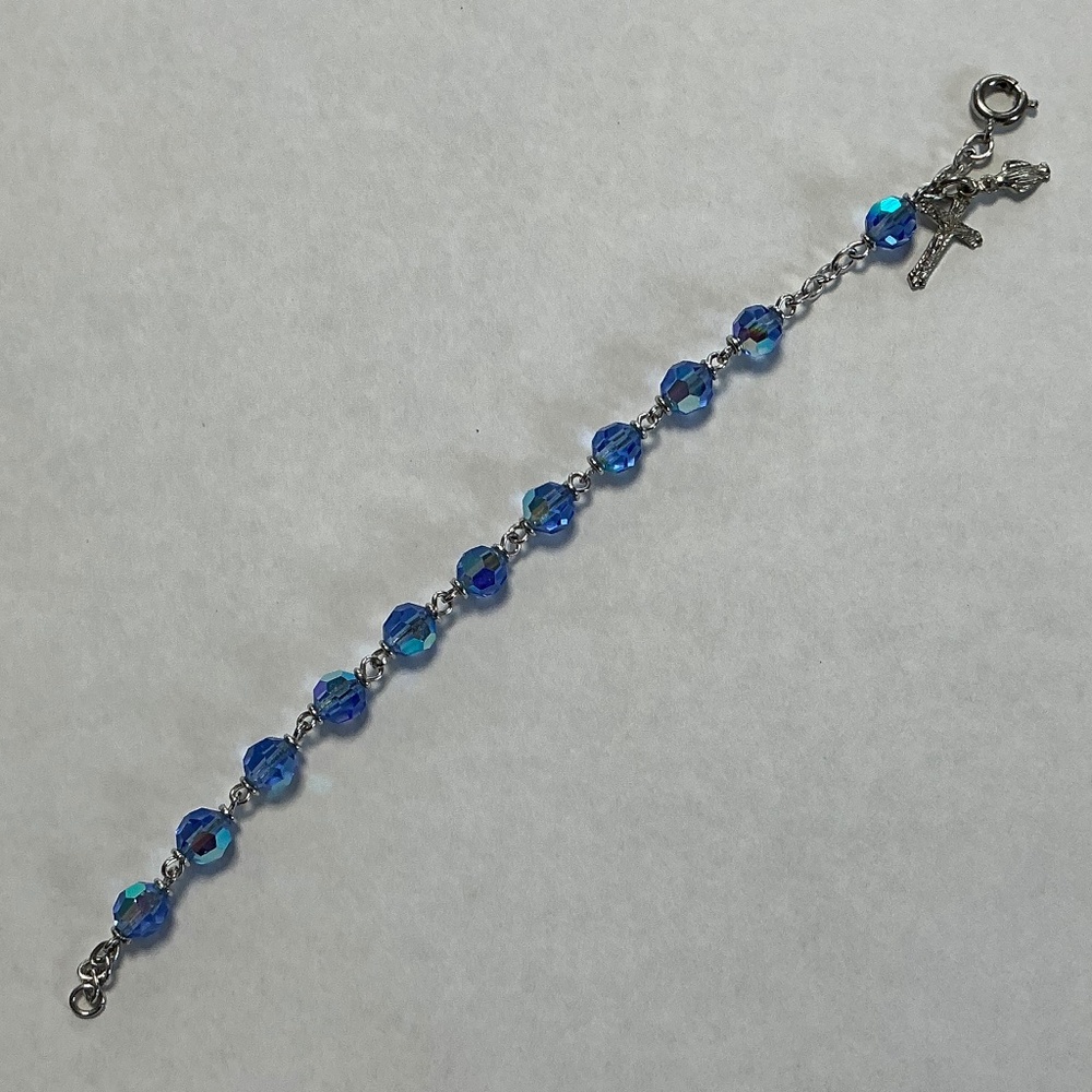 Child’s Religious Bracelet Translucent Faceted Light Blue Beads Crucifix & Mary - Picture 2 of 4